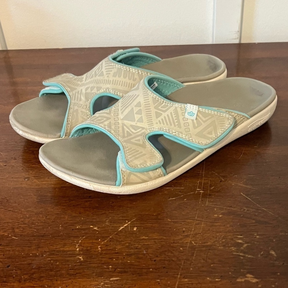 SPENCO Beige and Teal Adjustable Slide Sandals size 8 Tribal Slide Women's